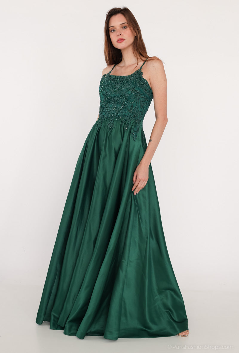 1833- Robe de soirée satinée Vert émeraude